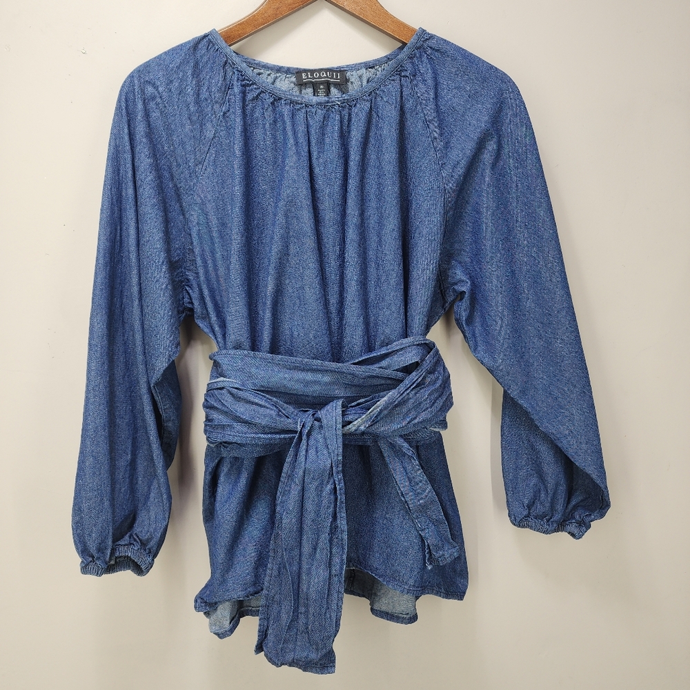 Eloquii Chambray Wrap Tie Waist Shirt Blouse